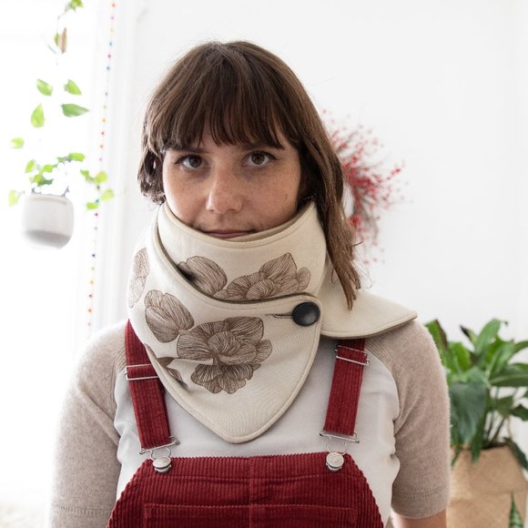 Floral Beige Scarf with Button Detail - Picture 1 of 3